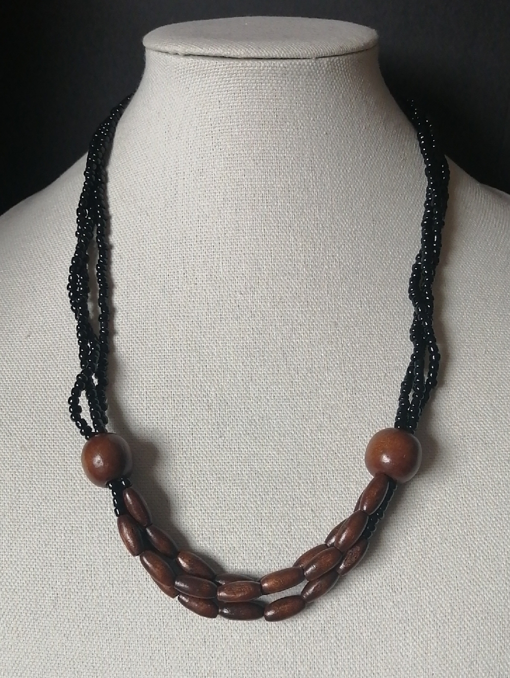 Vintage Boho-Style Wooden Beads Black Glass Seed Beads Magnetic Clasp Necklace